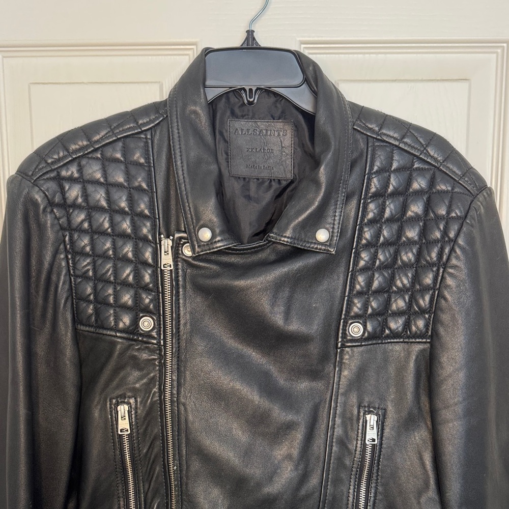 All Saints Mens Black Leather Biker Jacket with Quilted Shoulders - Picture 2 of 15